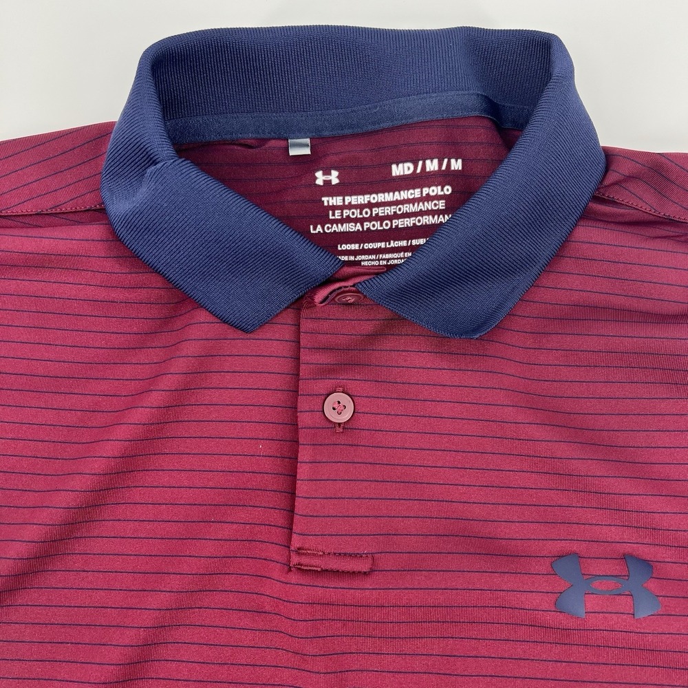 Under Armour Performance Polo Shirt Mens Medium Burgundy Blue Stripe Loose Fit